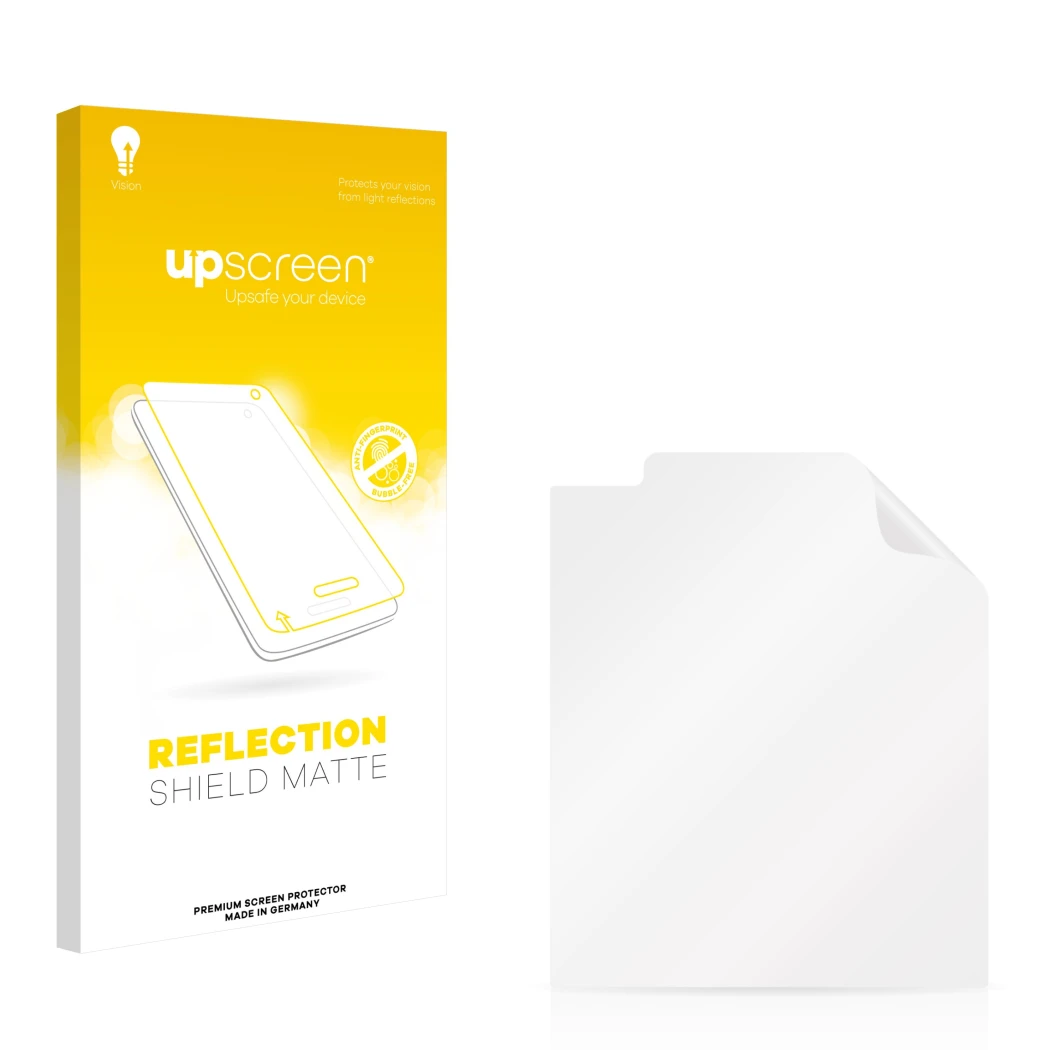 Parte frontal de un envase de producto con el logotipo de la marca upscreen. Al lado está el protector de pantalla correspondi