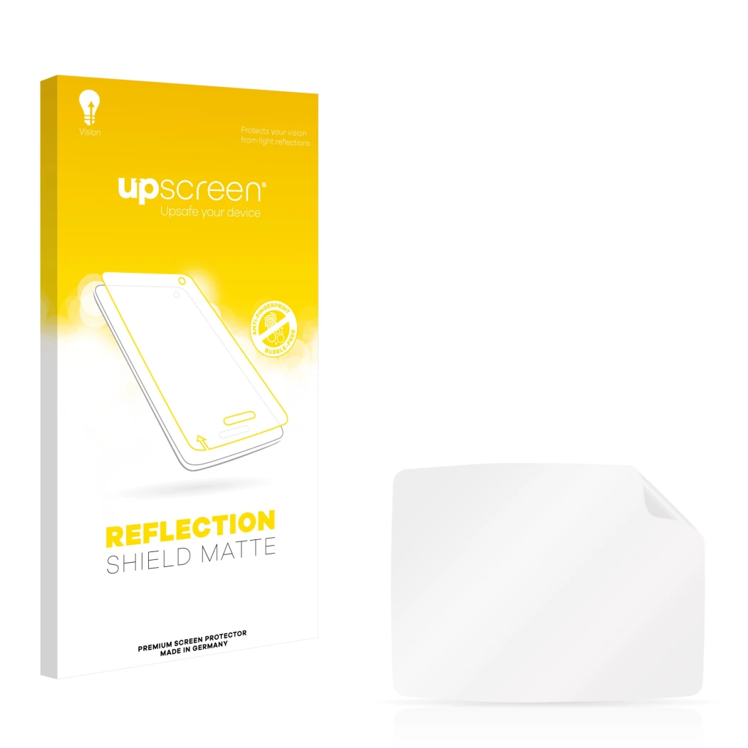 Parte frontal de un envase de producto con el logotipo de la marca upscreen. Al lado está el protector de pantalla correspondi