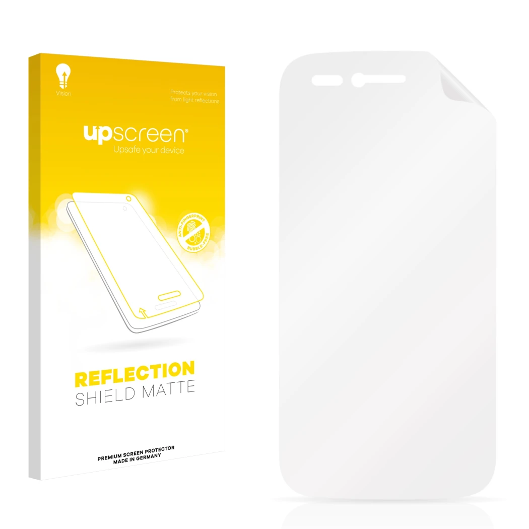 Parte frontal de un envase de producto con el logotipo de la marca upscreen. Al lado está el protector de pantalla correspondi
