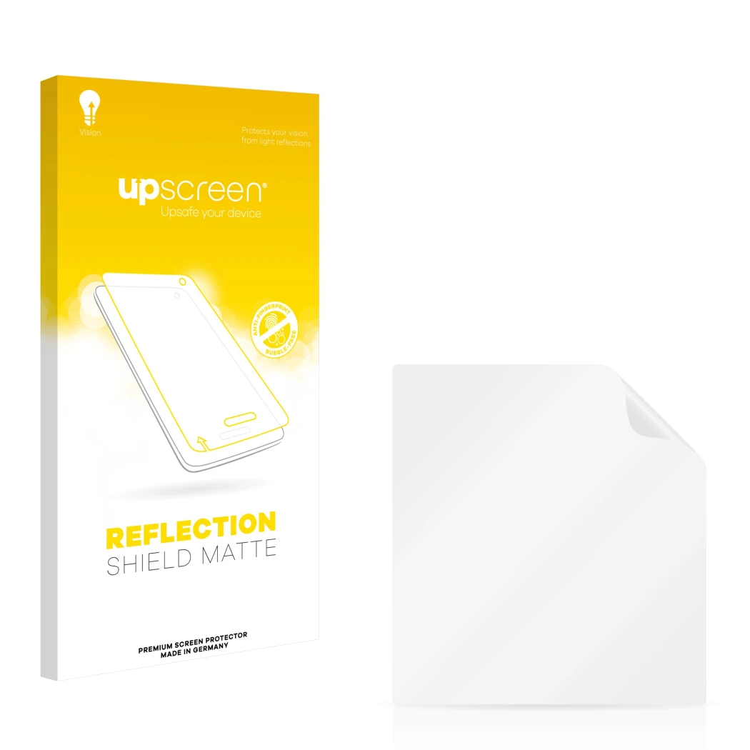 Parte frontal de un envase de producto con el logotipo de la marca upscreen. Al lado está el protector de pantalla correspondi