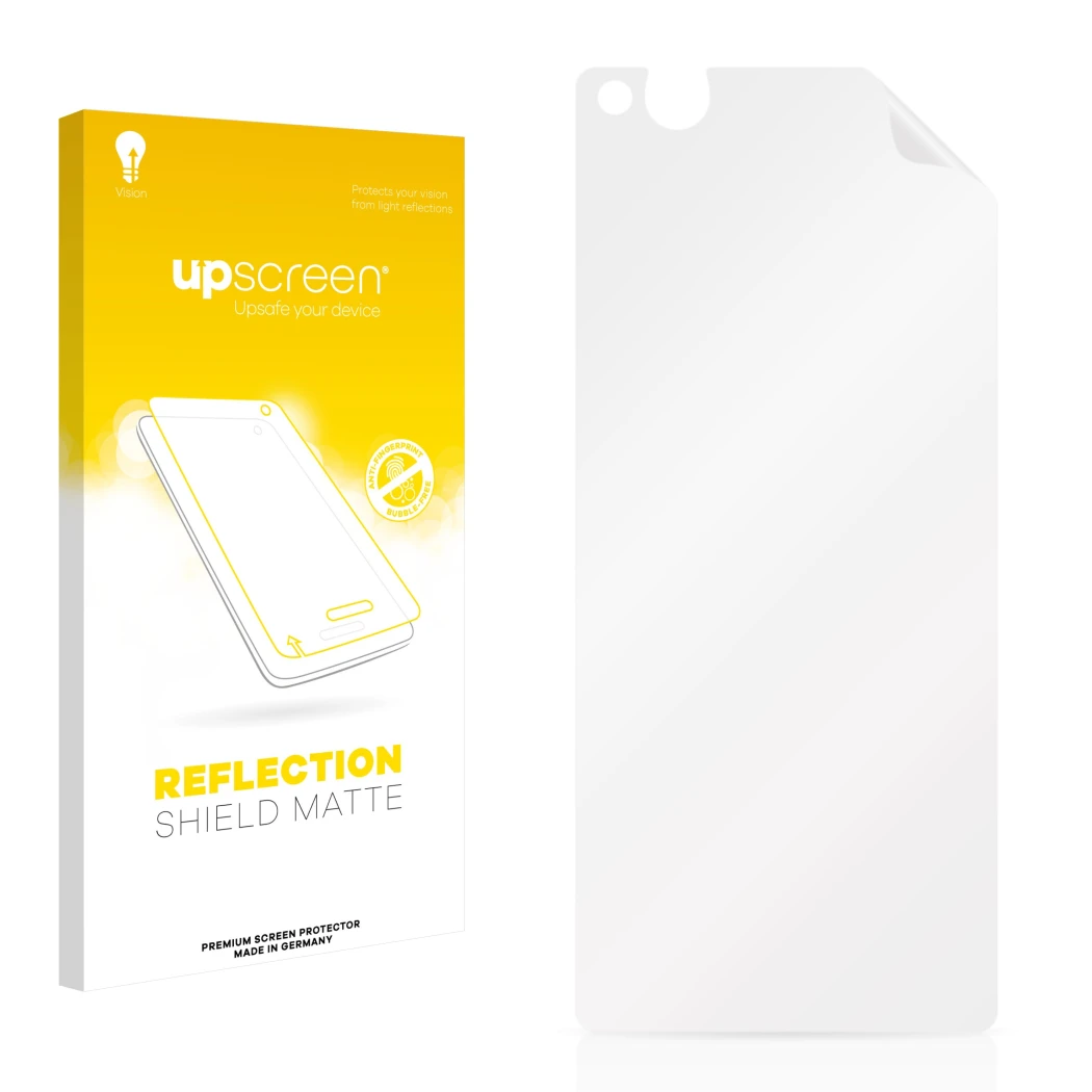 Parte frontal de un envase de producto con el logotipo de la marca upscreen. Al lado está el protector de pantalla correspondi