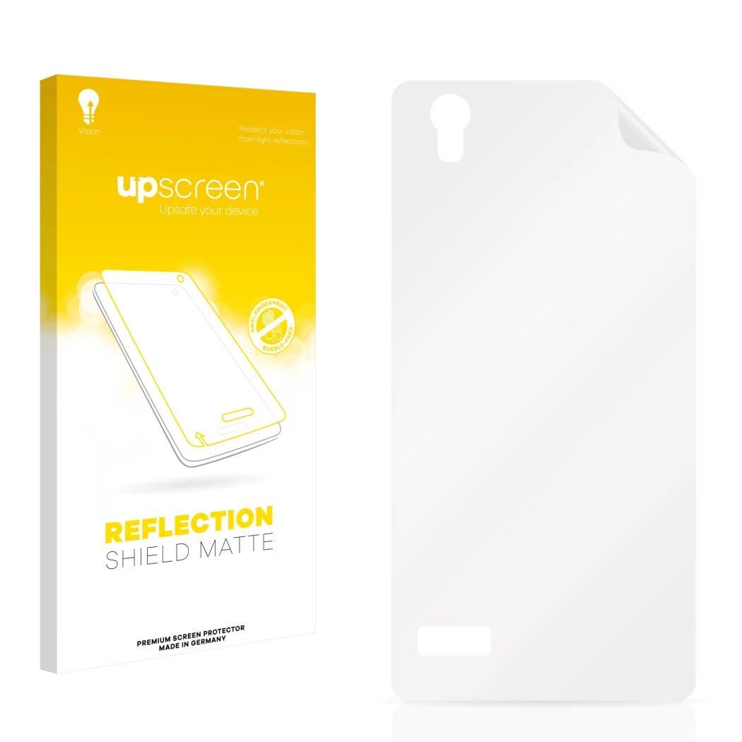 Parte frontal de un envase de producto con el logotipo de la marca upscreen. Al lado está el protector de pantalla correspondi