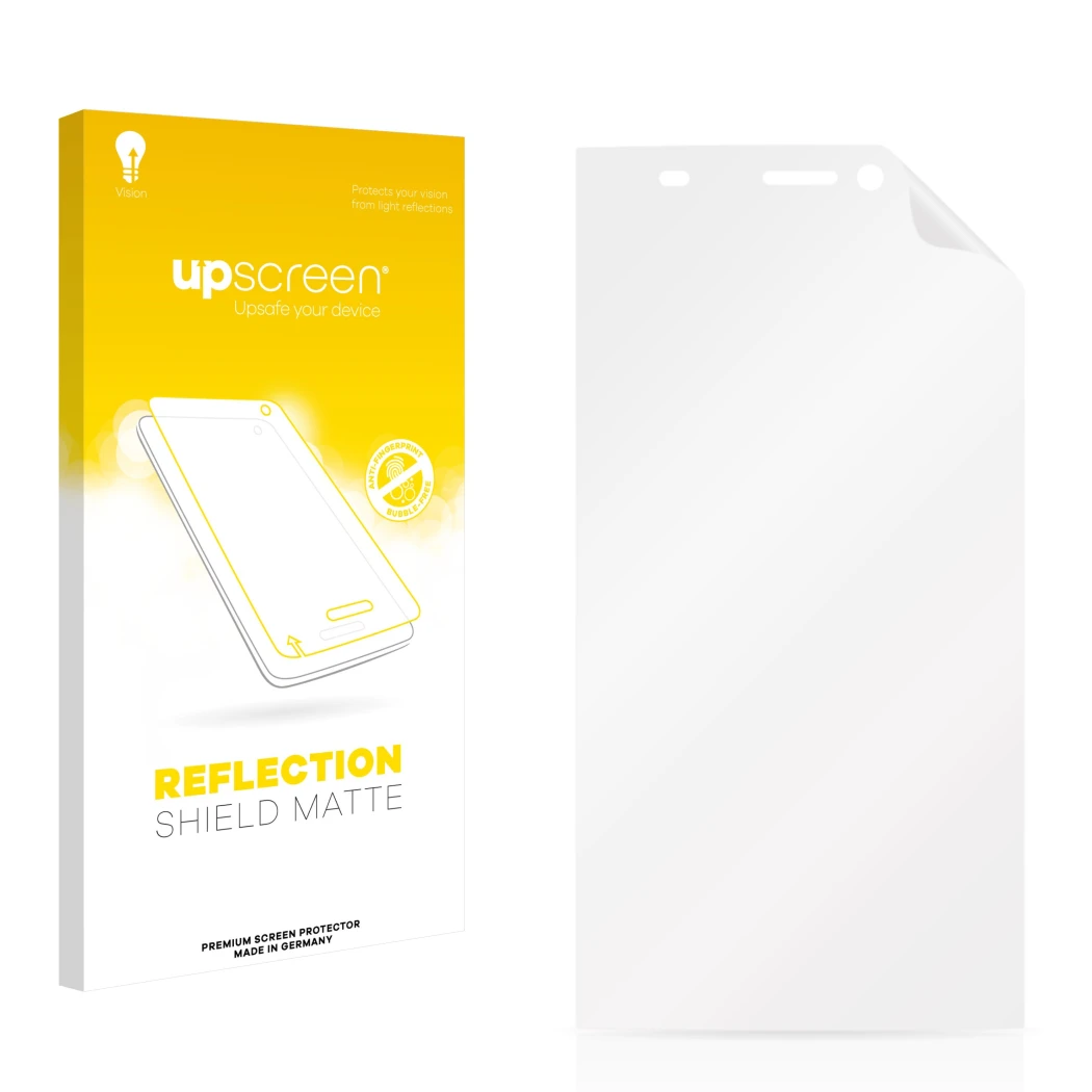 Parte frontal de un envase de producto con el logotipo de la marca upscreen. Al lado está el protector de pantalla correspondi