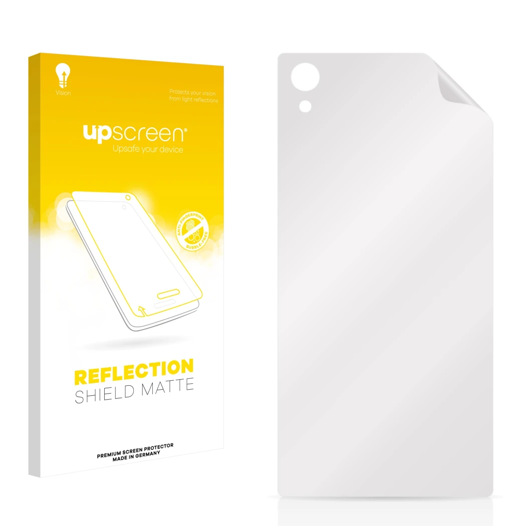Parte frontal de un envase de producto con el logotipo de la marca upscreen. Al lado está el protector de pantalla correspondi