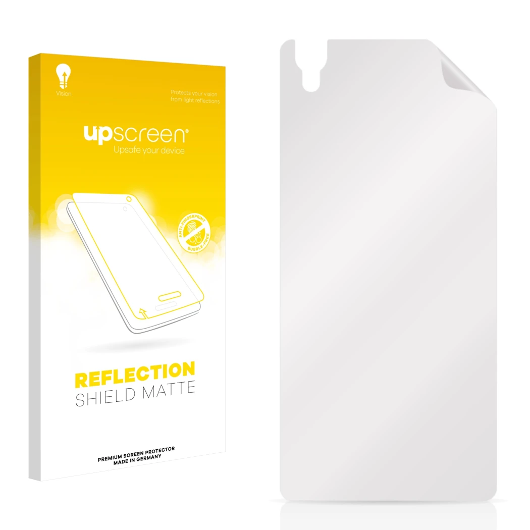 Parte frontal de un envase de producto con el logotipo de la marca upscreen. Al lado está el protector de pantalla correspondi