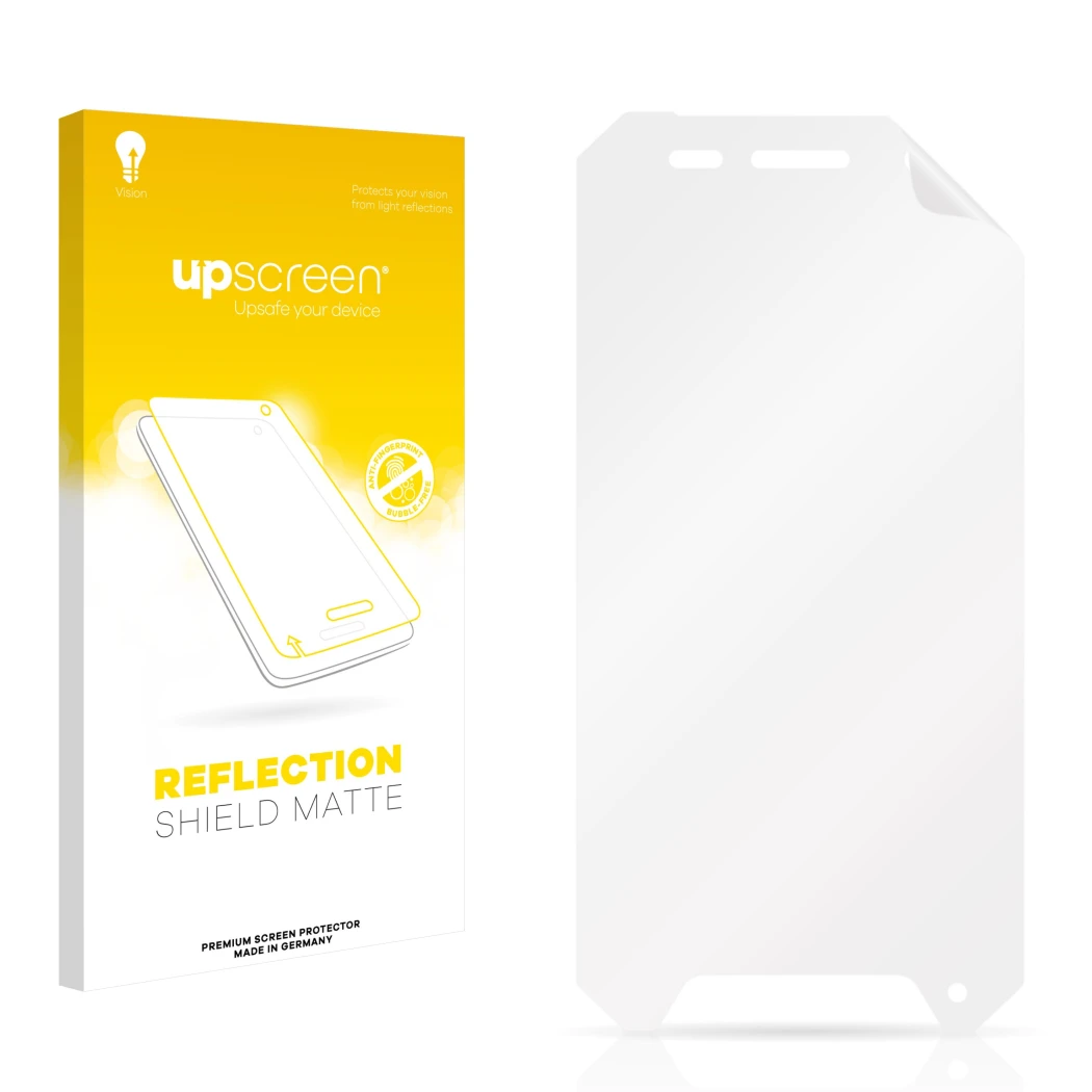 Parte frontal de un envase de producto con el logotipo de la marca upscreen. Al lado está el protector de pantalla correspondi