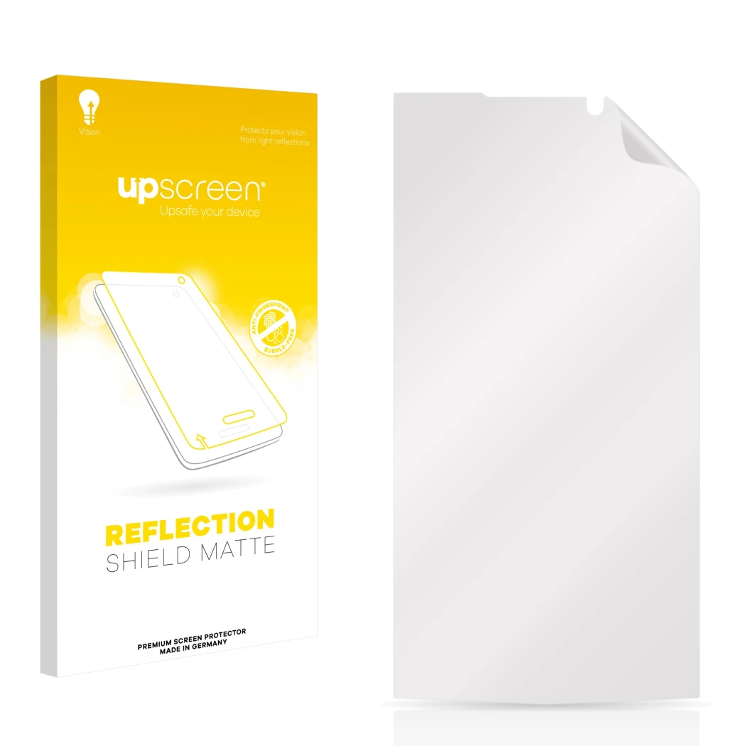 Parte frontal de un envase de producto con el logotipo de la marca upscreen. Al lado está el protector de pantalla correspondi