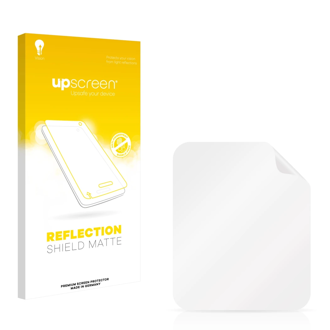 Parte frontal de un envase de producto con el logotipo de la marca upscreen. Al lado está el protector de pantalla correspondi