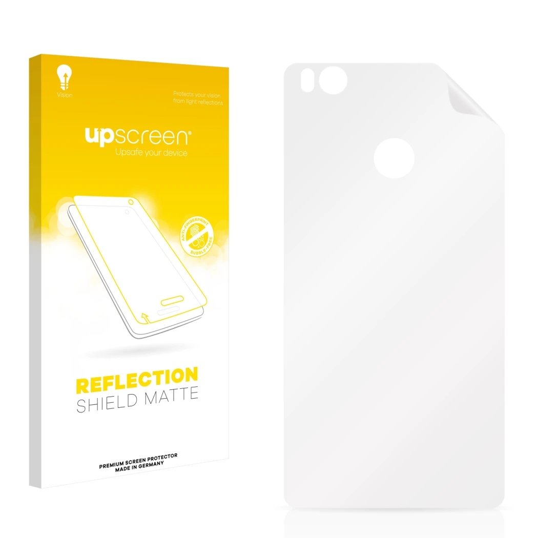 Parte frontal de un envase de producto con el logotipo de la marca upscreen. Al lado está el protector de pantalla correspondi