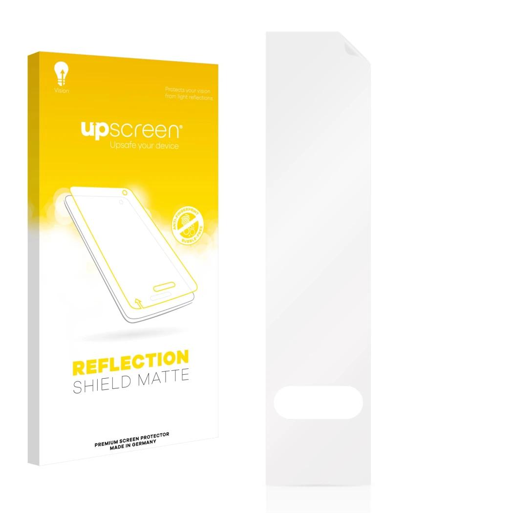 Parte frontal de un envase de producto con el logotipo de la marca upscreen. Al lado está el protector de pantalla correspondi