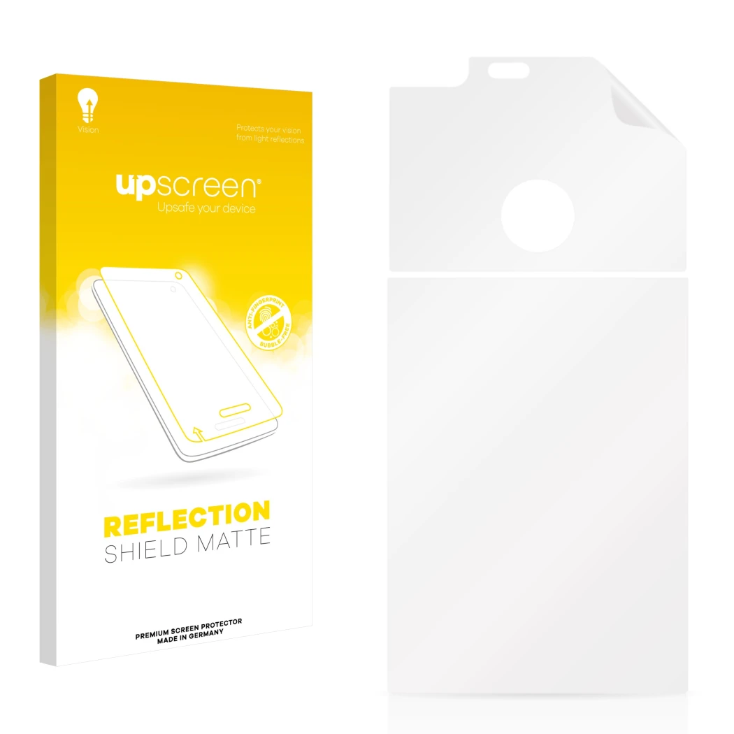 Parte frontal de un envase de producto con el logotipo de la marca upscreen. Al lado está el protector de pantalla correspondi