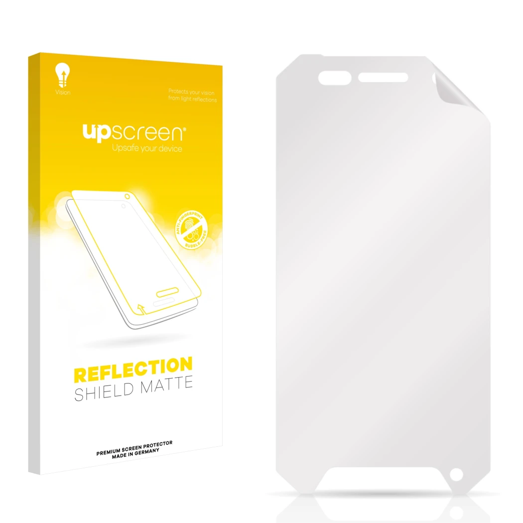 Parte frontal de un envase de producto con el logotipo de la marca upscreen. Al lado está el protector de pantalla correspondi