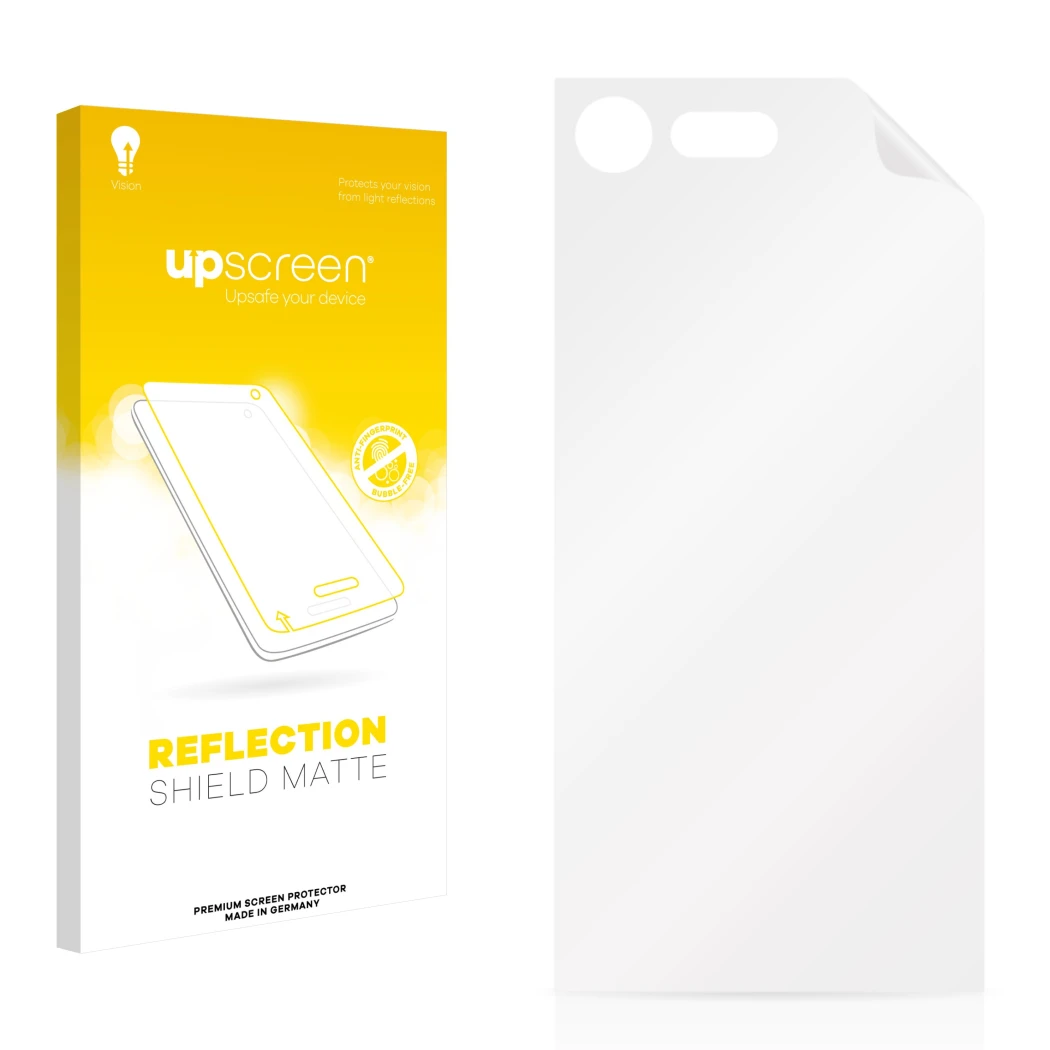 Parte frontal de un envase de producto con el logotipo de la marca upscreen. Al lado está el protector de pantalla correspondi