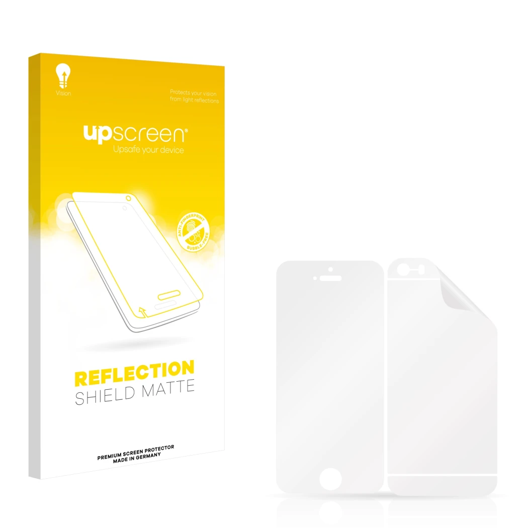 Parte frontal de un envase de producto con el logotipo de la marca upscreen. Al lado está el protector de pantalla correspondi