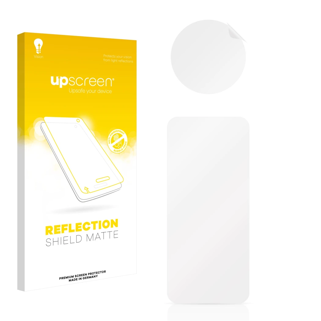 Parte frontal de un envase de producto con el logotipo de la marca upscreen. Al lado está el protector de pantalla correspondi