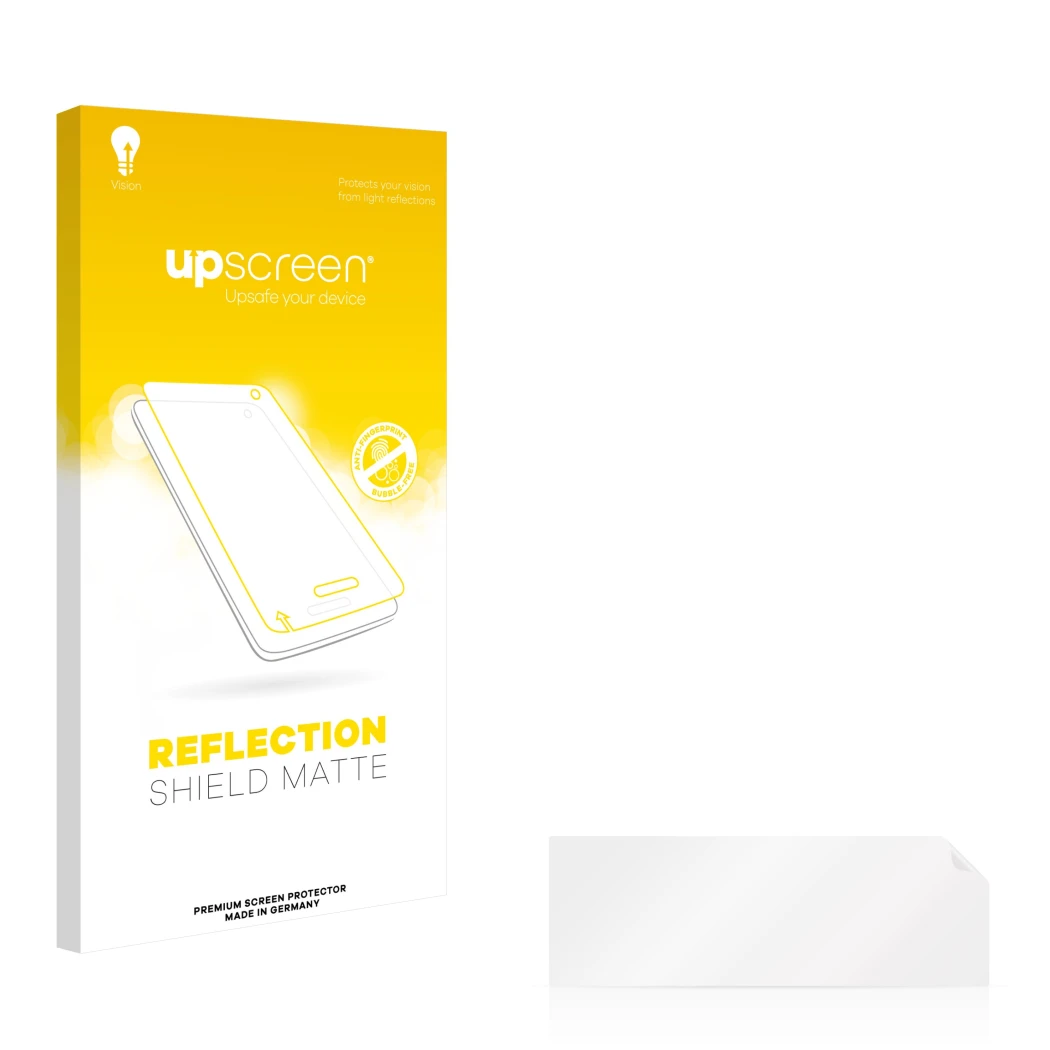 Parte frontal de un envase de producto con el logotipo de la marca upscreen. Al lado está el protector de pantalla correspondi
