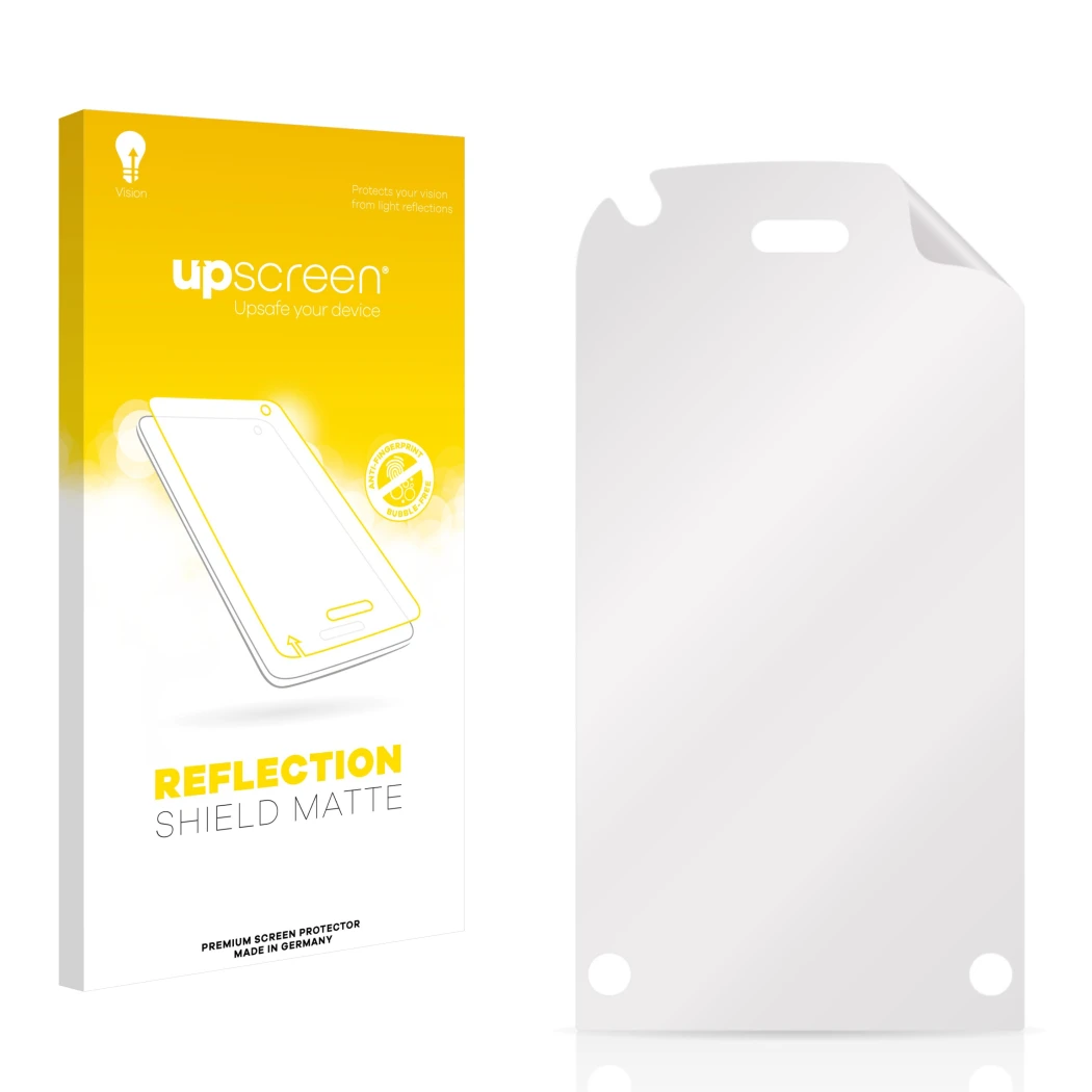 Parte frontal de un envase de producto con el logotipo de la marca upscreen. Al lado está el protector de pantalla correspondi