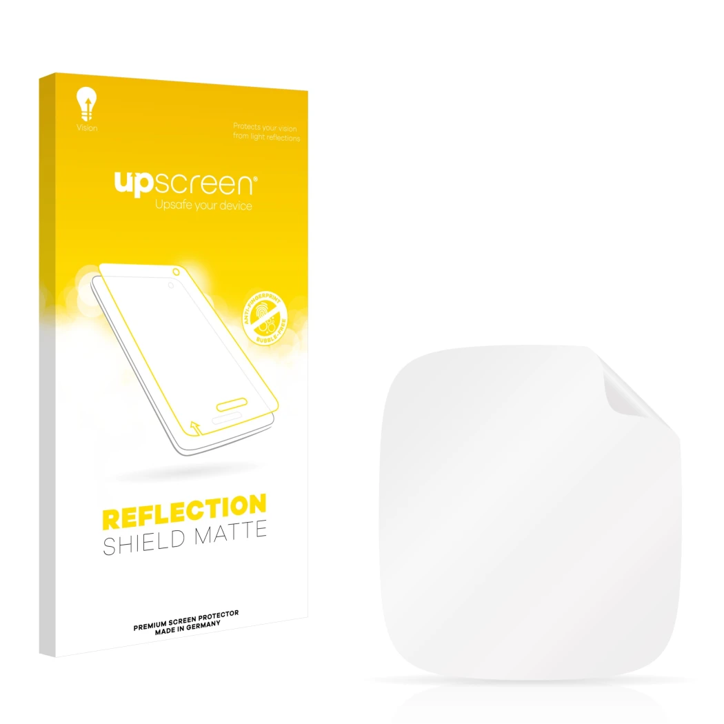 Parte frontal de un envase de producto con el logotipo de la marca upscreen. Al lado está el protector de pantalla correspondi