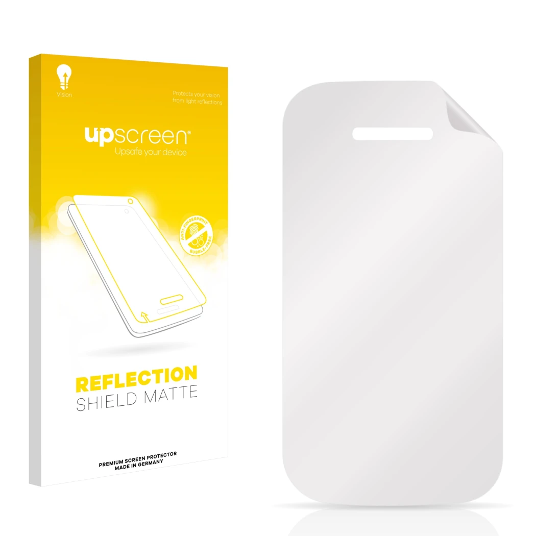 Parte frontal de un envase de producto con el logotipo de la marca upscreen. Al lado está el protector de pantalla correspondi