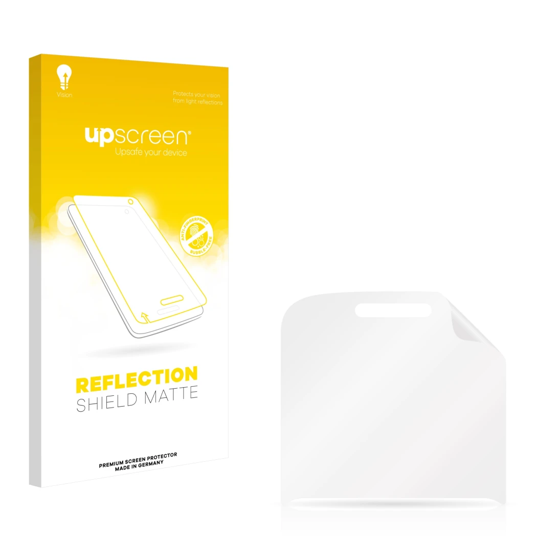 Parte frontal de un envase de producto con el logotipo de la marca upscreen. Al lado está el protector de pantalla correspondi