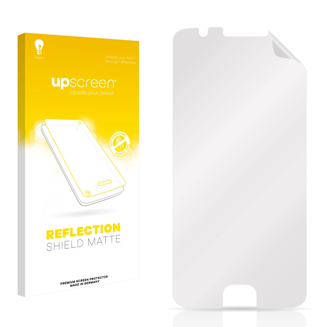 Parte frontal de un envase de producto con el logotipo de la marca upscreen. Al lado está el protector de pantalla correspondi