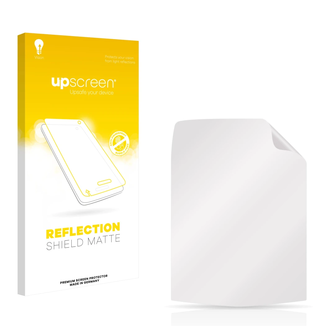 Parte frontal de un envase de producto con el logotipo de la marca upscreen. Al lado está el protector de pantalla correspondi