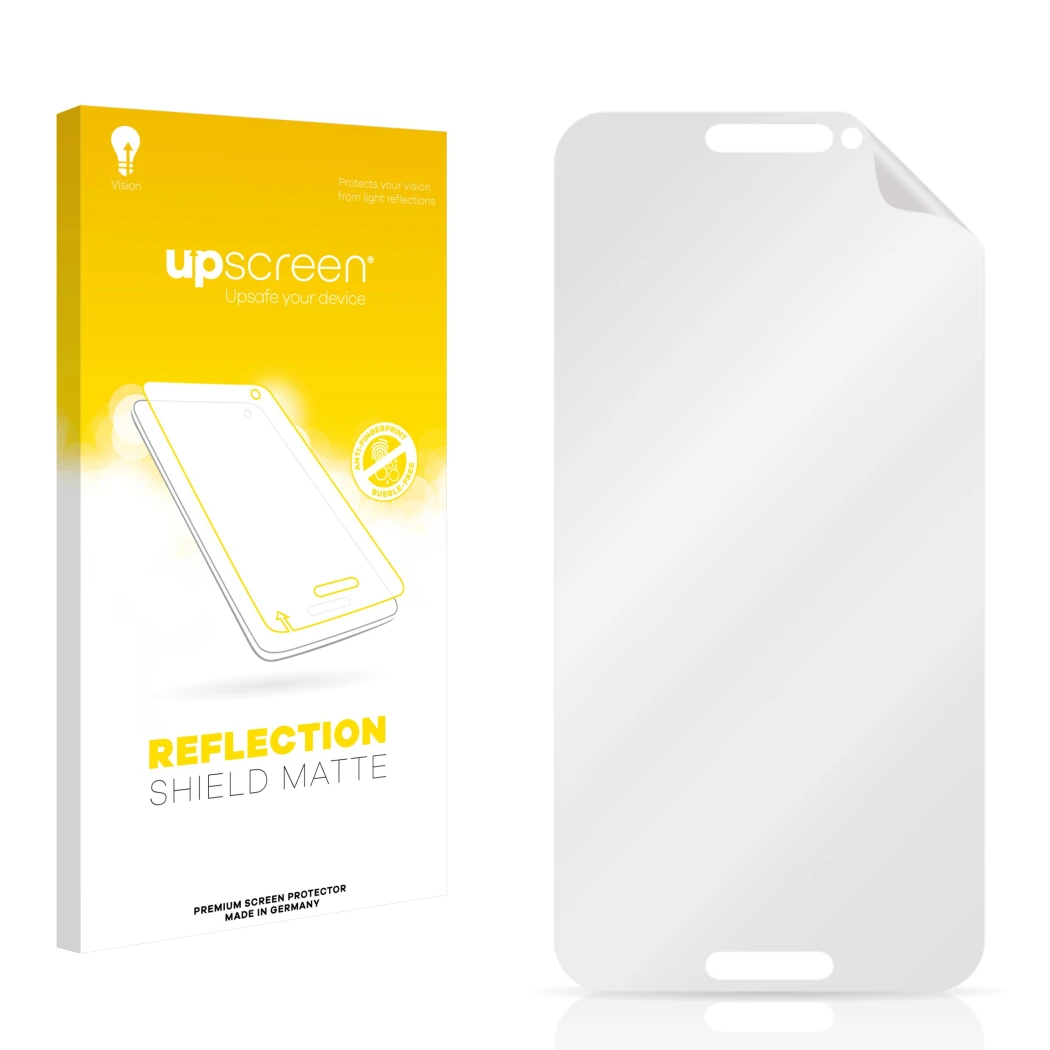 Parte frontal de un envase de producto con el logotipo de la marca upscreen. Al lado está el protector de pantalla correspondi