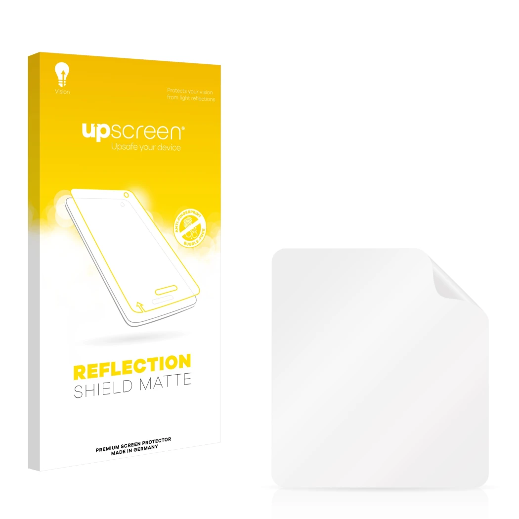 Parte frontal de un envase de producto con el logotipo de la marca upscreen. Al lado está el protector de pantalla correspondi