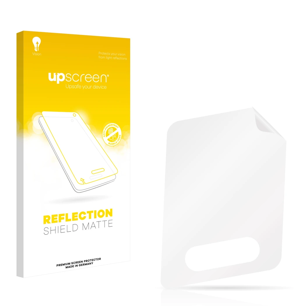 Parte frontal de un envase de producto con el logotipo de la marca upscreen. Al lado está el protector de pantalla correspondi