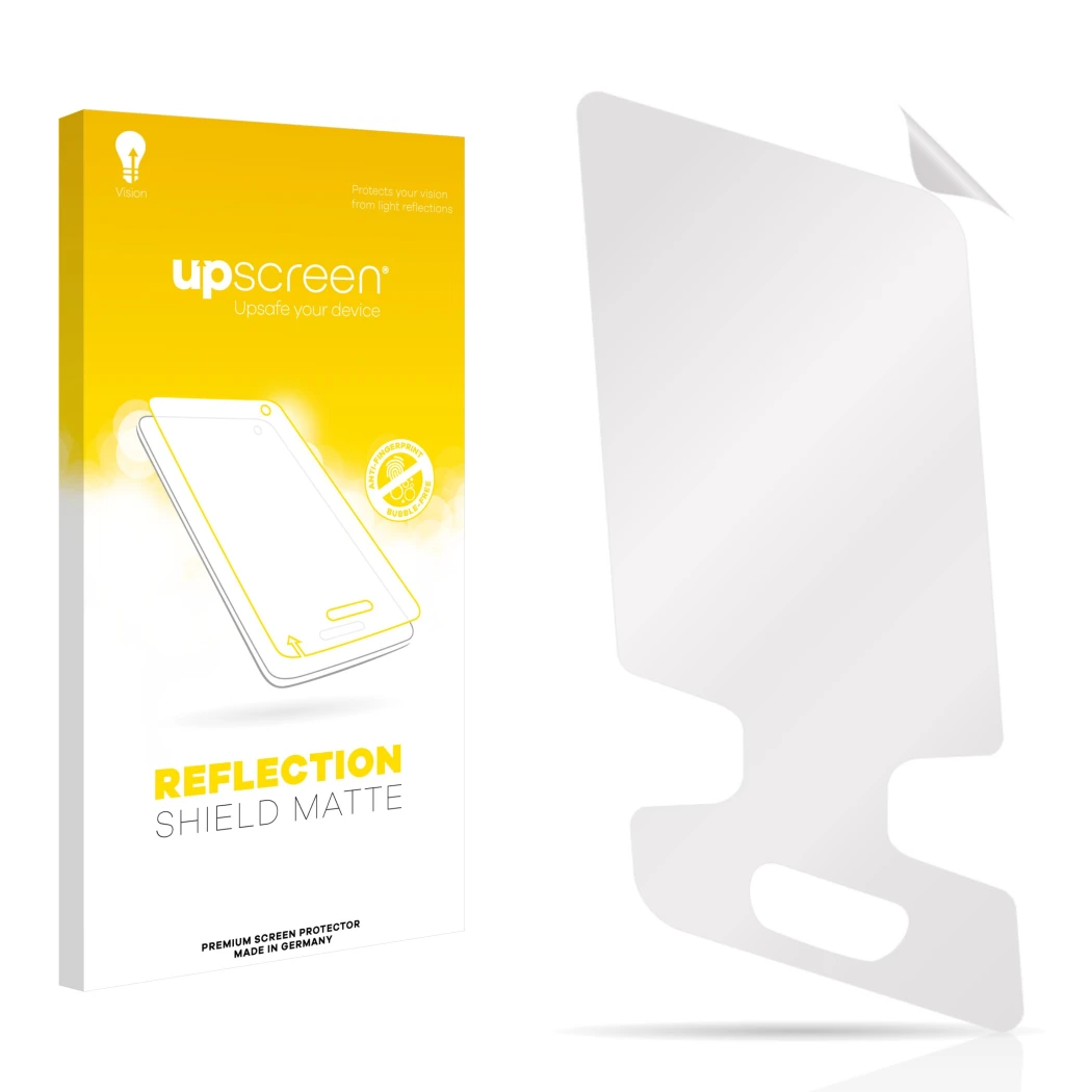 Parte frontal de un envase de producto con el logotipo de la marca upscreen. Al lado está el protector de pantalla correspondi