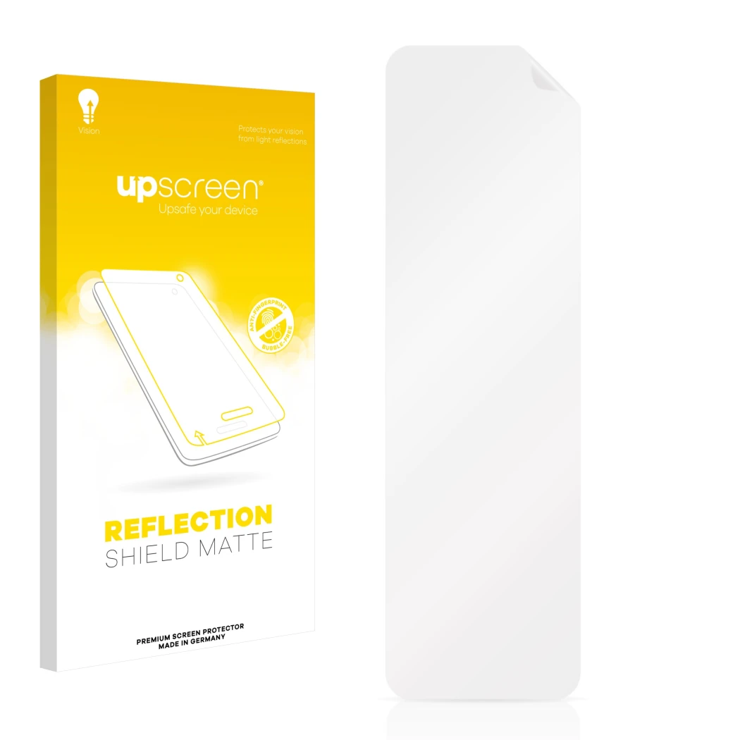 Parte frontal de un envase de producto con el logotipo de la marca upscreen. Al lado está el protector de pantalla correspondi
