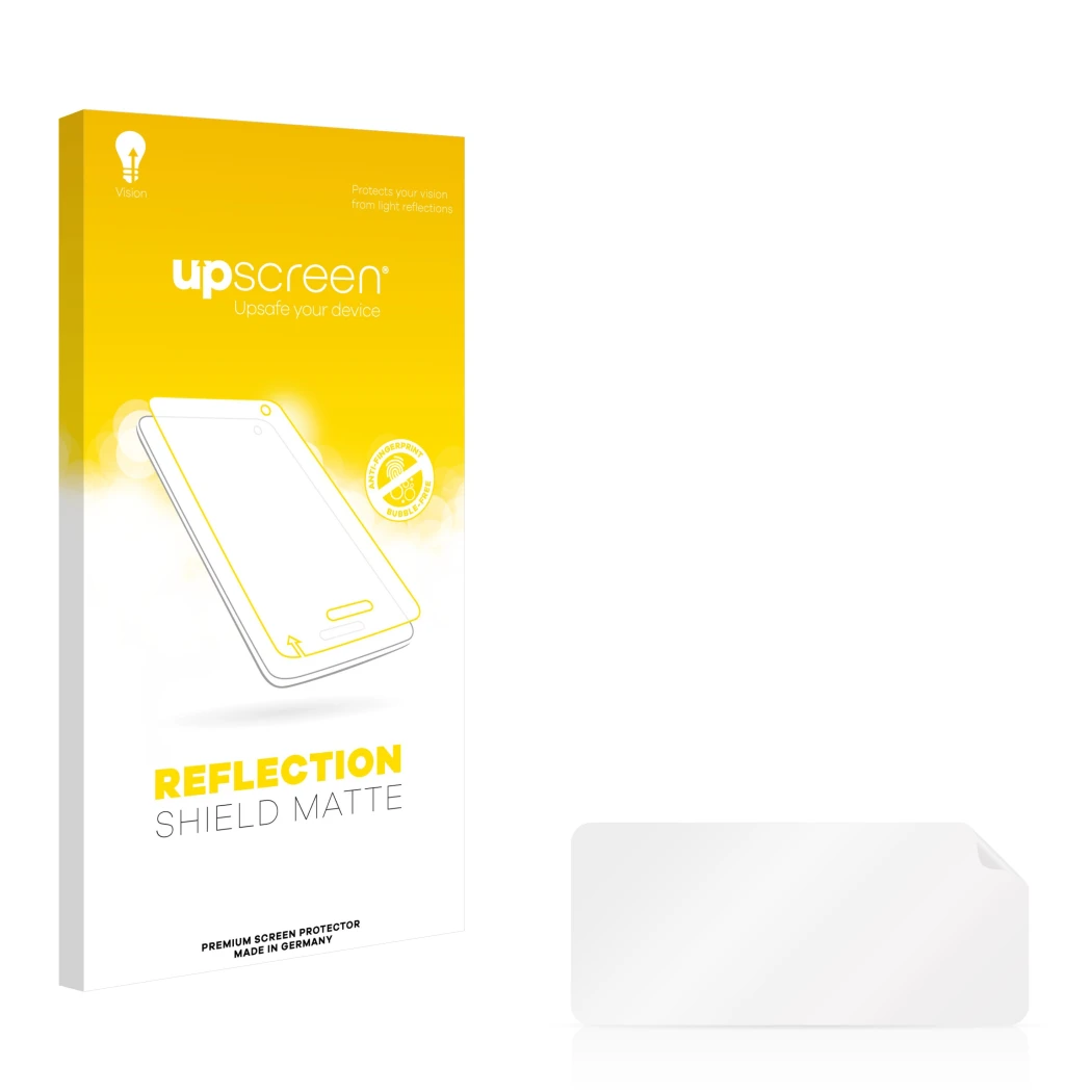 Parte frontal de un envase de producto con el logotipo de la marca upscreen. Al lado está el protector de pantalla correspondi