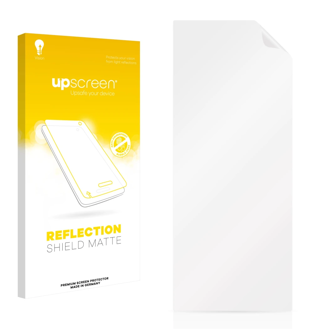 Parte frontal de un envase de producto con el logotipo de la marca upscreen. Al lado está el protector de pantalla correspondi