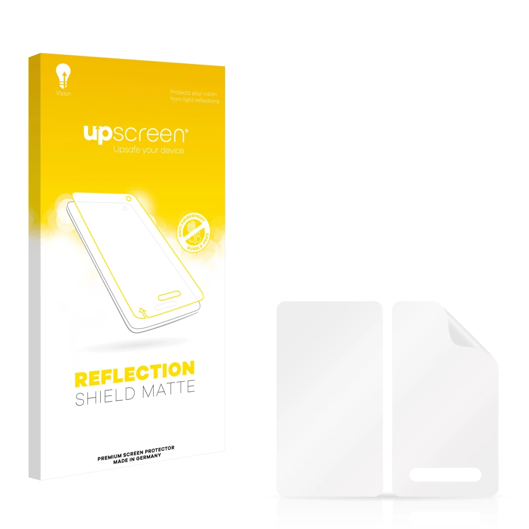 Parte frontal de un envase de producto con el logotipo de la marca upscreen. Al lado está el protector de pantalla correspondi