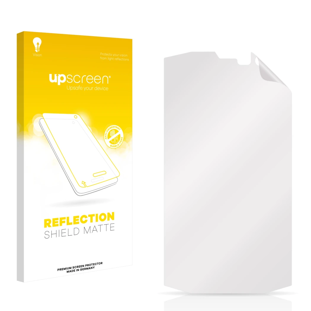 Parte frontal de un envase de producto con el logotipo de la marca upscreen. Al lado está el protector de pantalla correspondi