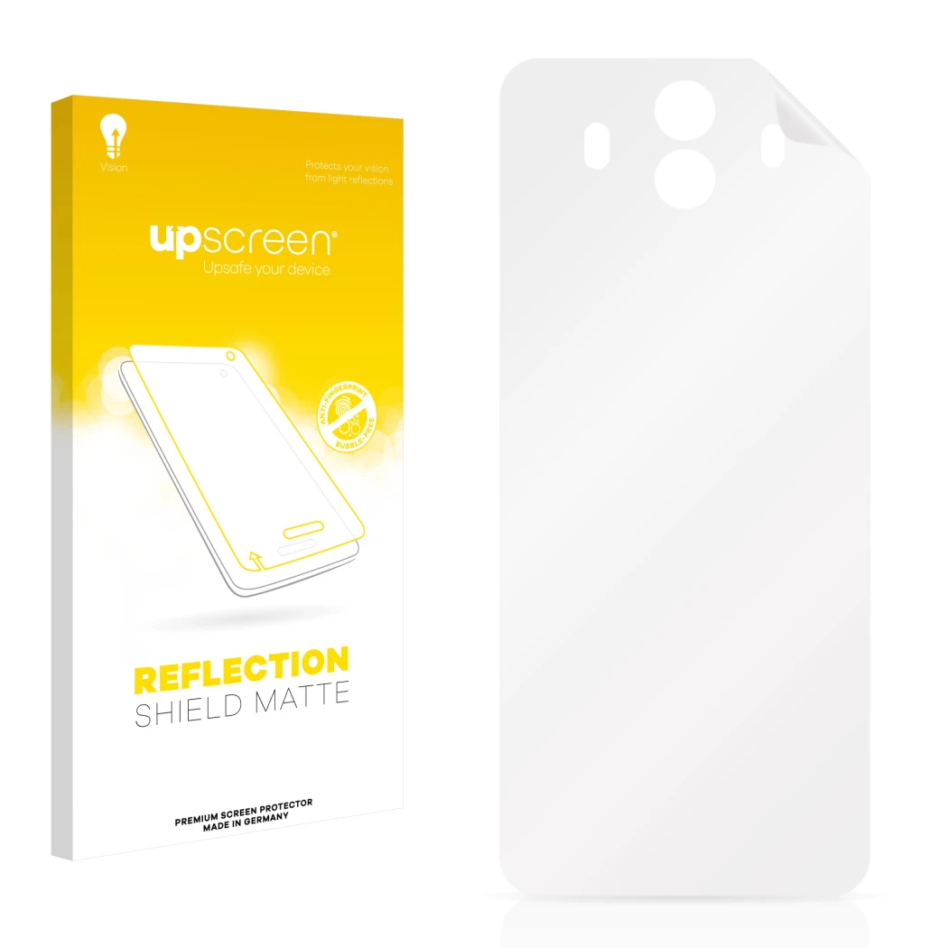 Parte frontal de un envase de producto con el logotipo de la marca upscreen. Al lado está el protector de pantalla correspondi