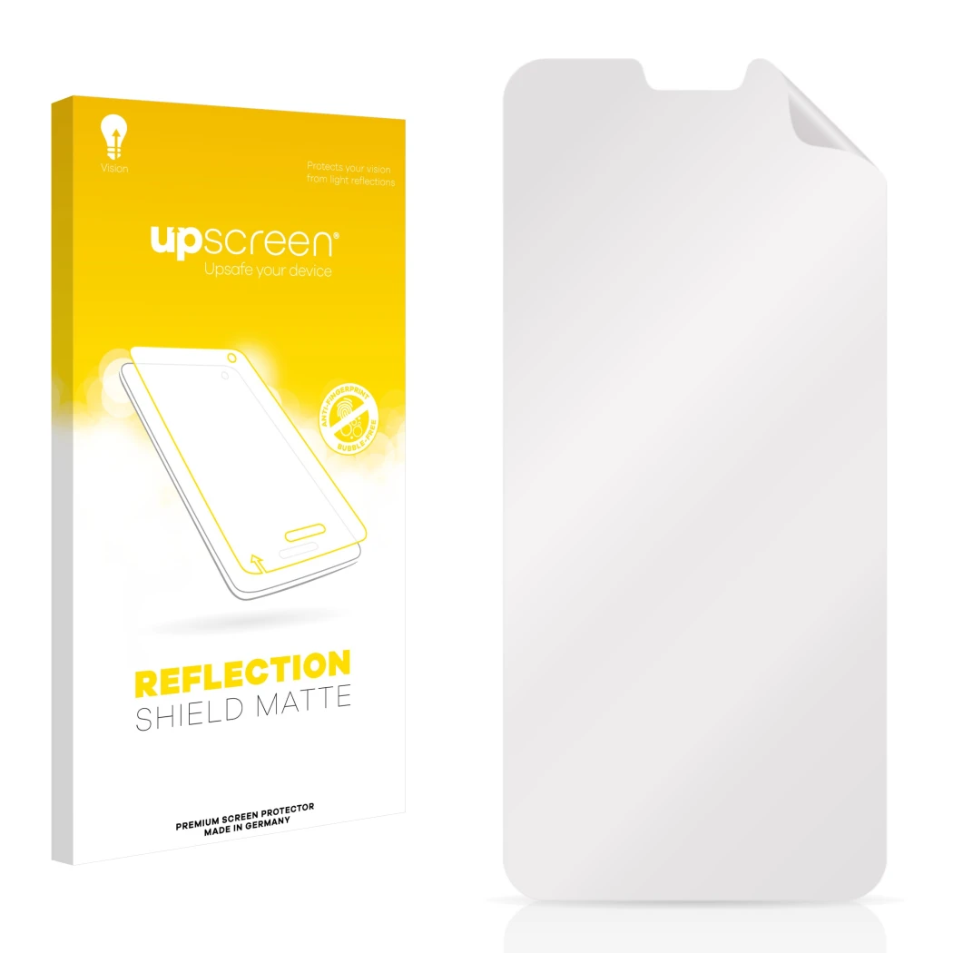 Parte frontal de un envase de producto con el logotipo de la marca upscreen. Al lado está el protector de pantalla correspondi