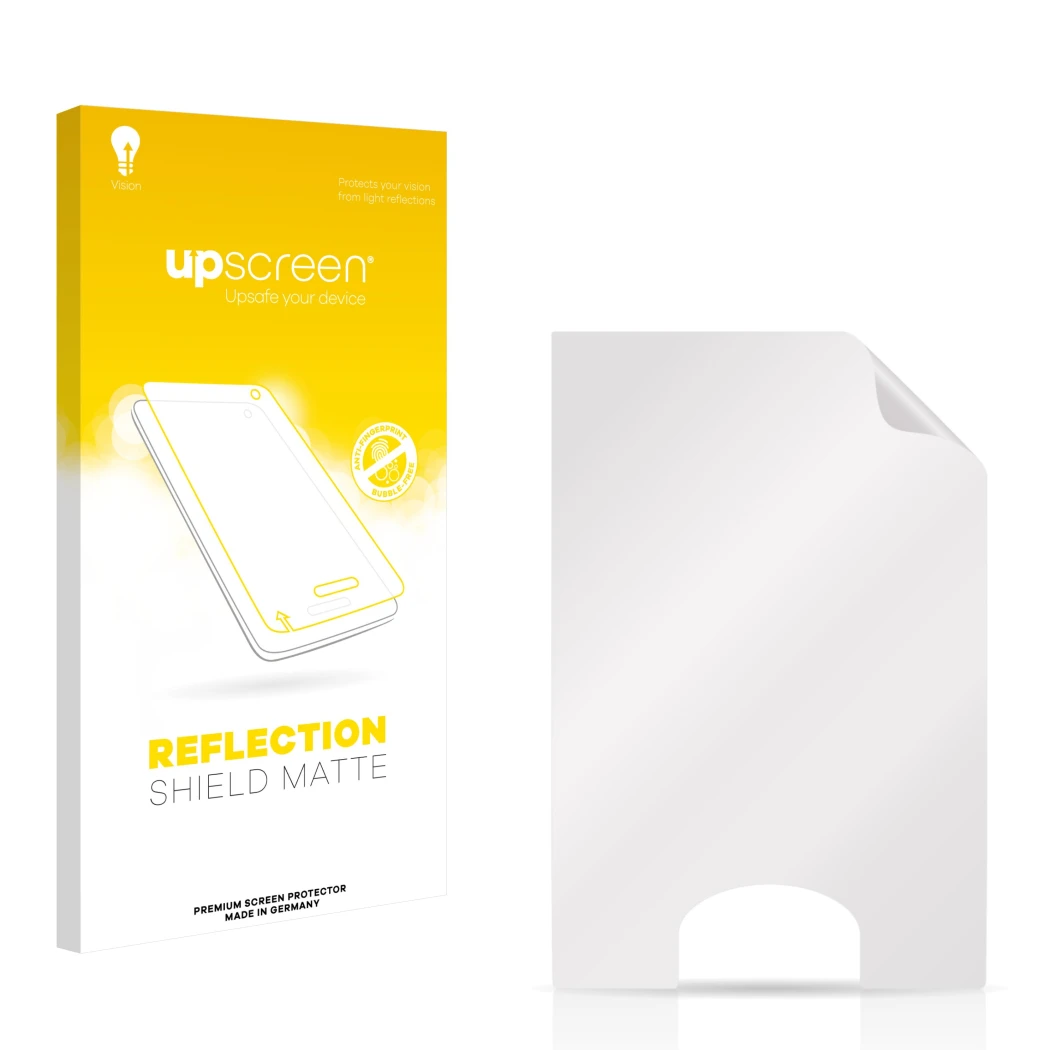 Parte frontal de un envase de producto con el logotipo de la marca upscreen. Al lado está el protector de pantalla correspondi