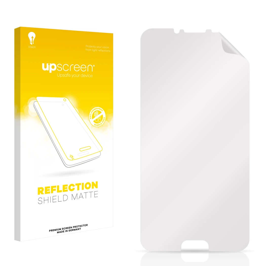 Parte frontal de un envase de producto con el logotipo de la marca upscreen. Al lado está el protector de pantalla correspondi