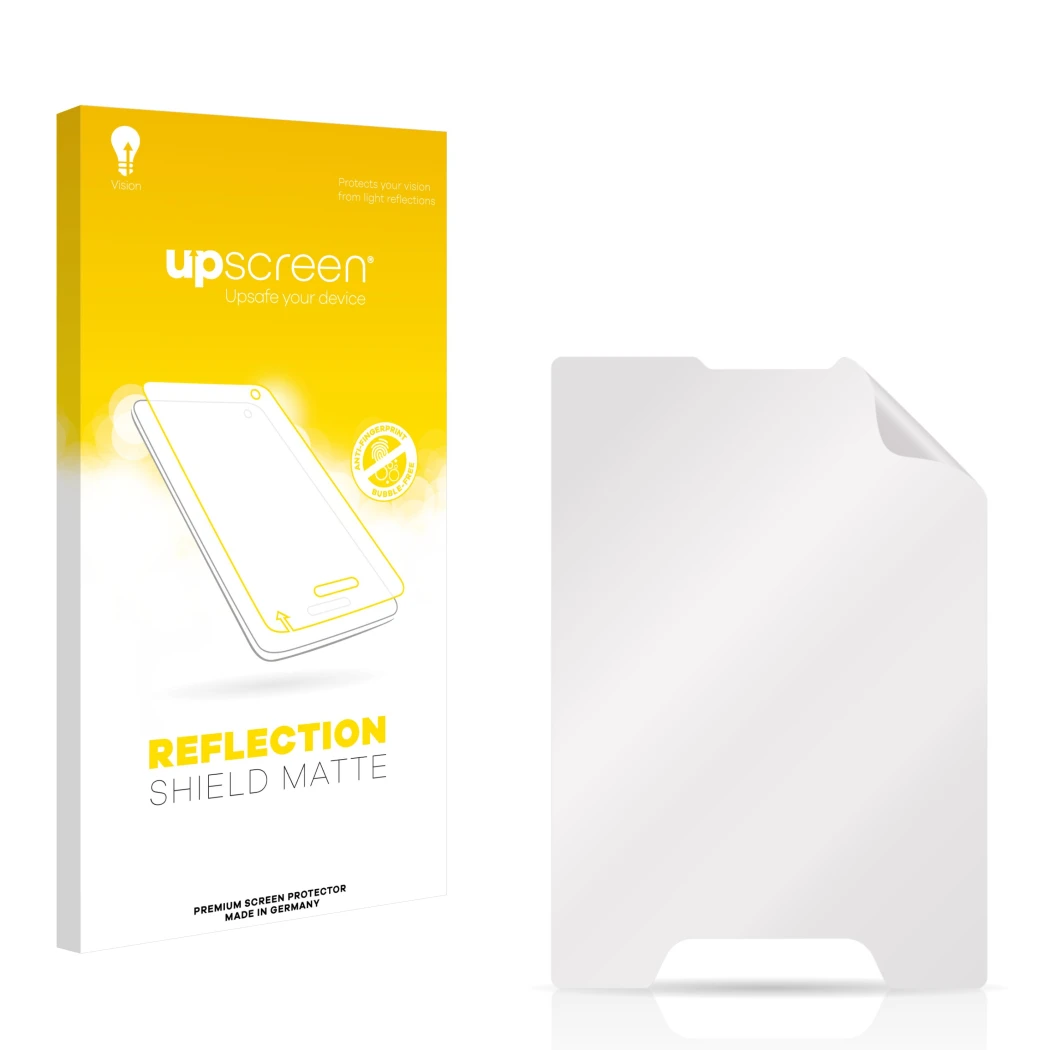 Parte frontal de un envase de producto con el logotipo de la marca upscreen. Al lado está el protector de pantalla correspondi