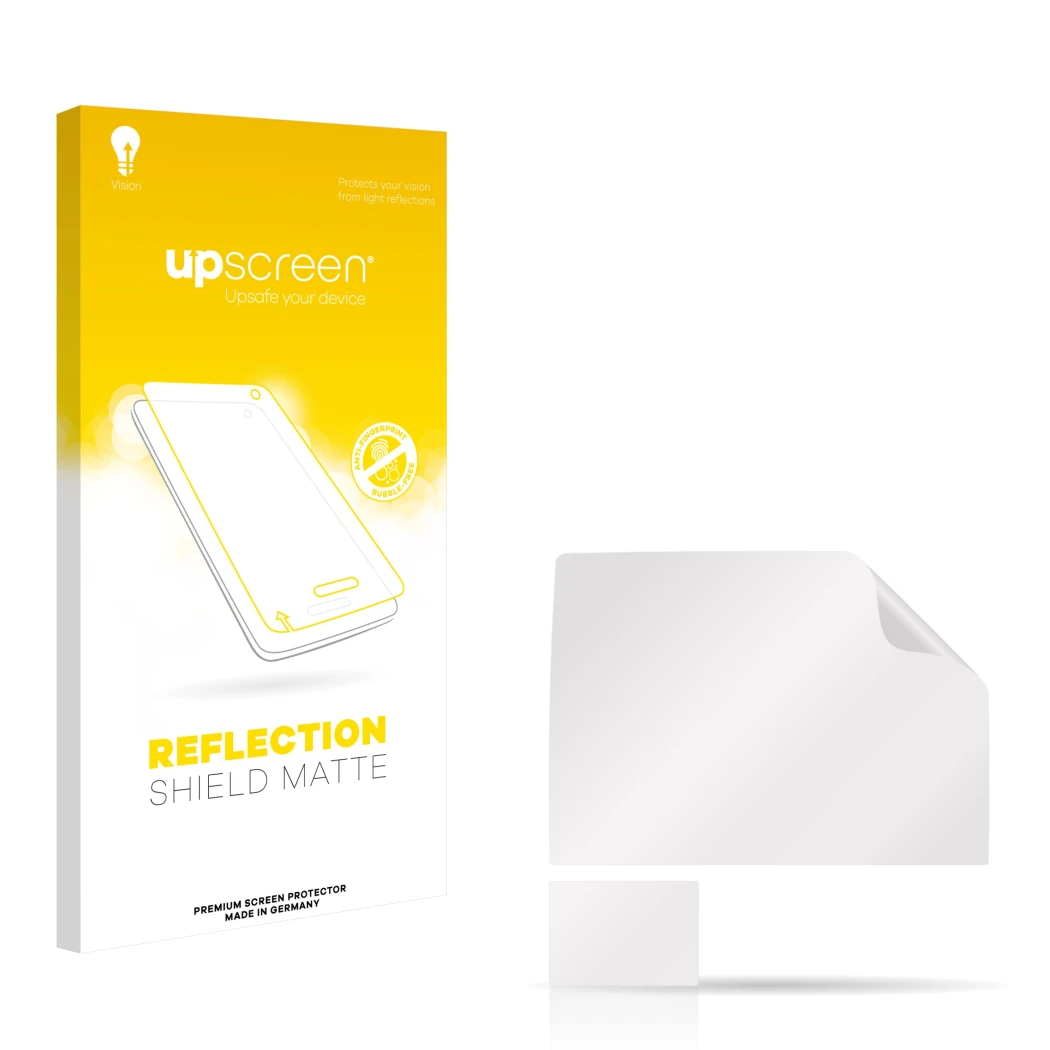Parte frontal de un envase de producto con el logotipo de la marca upscreen. Al lado está el protector de pantalla correspondi