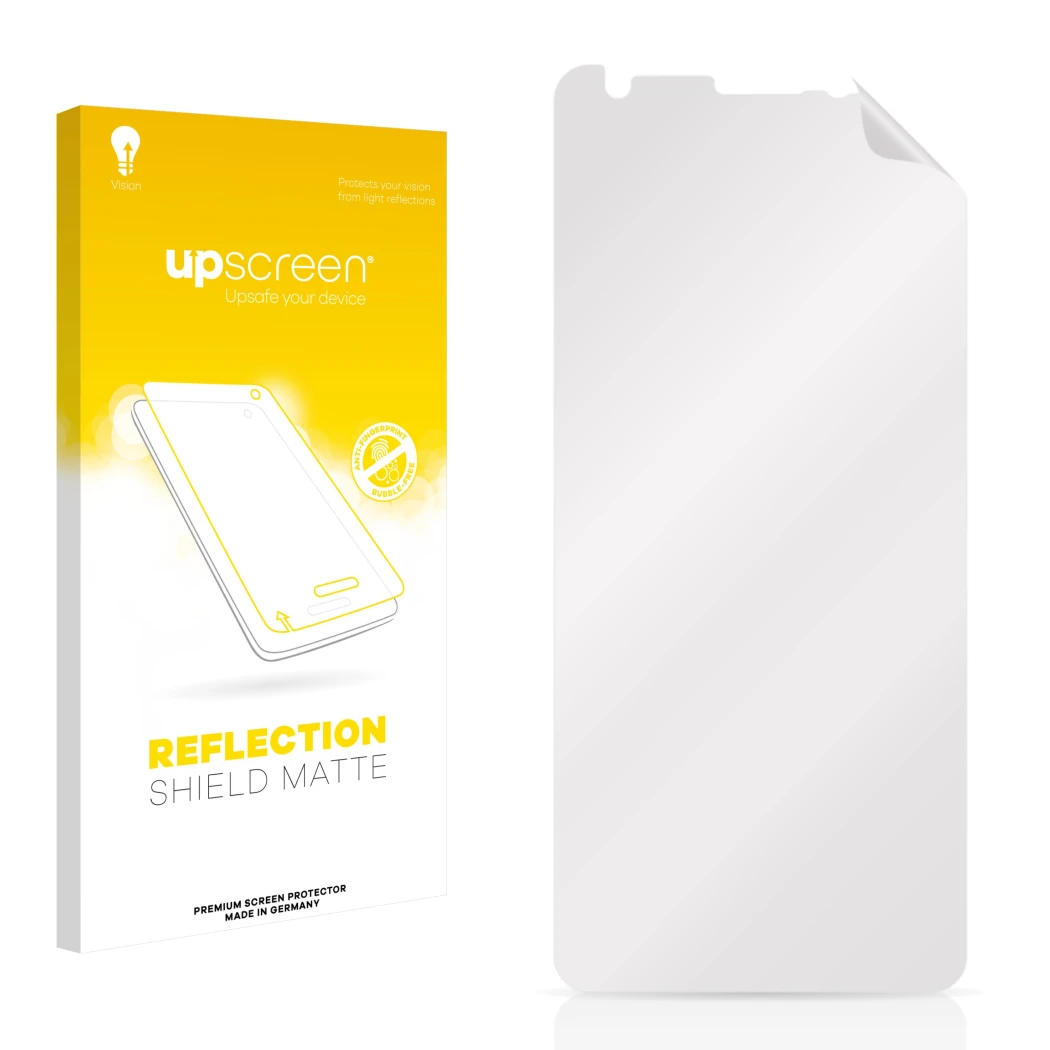 Parte frontal de un envase de producto con el logotipo de la marca upscreen. Al lado está el protector de pantalla correspondi