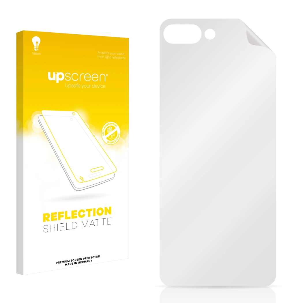 Parte frontal de un envase de producto con el logotipo de la marca upscreen. Al lado está el protector de pantalla correspondi