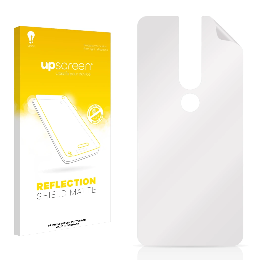 Parte frontal de un envase de producto con el logotipo de la marca upscreen. Al lado está el protector de pantalla correspondi
