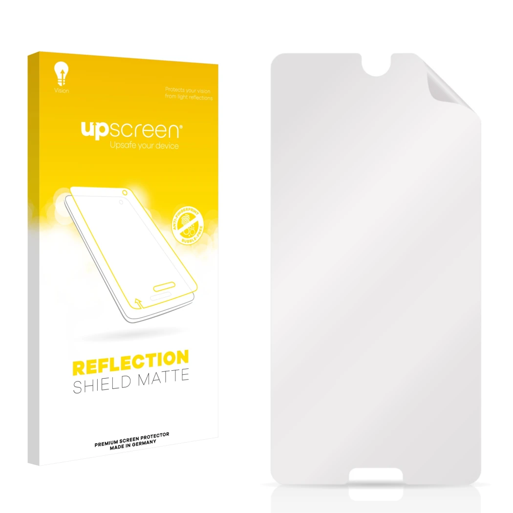 Parte frontal de un envase de producto con el logotipo de la marca upscreen. Al lado está el protector de pantalla correspondi