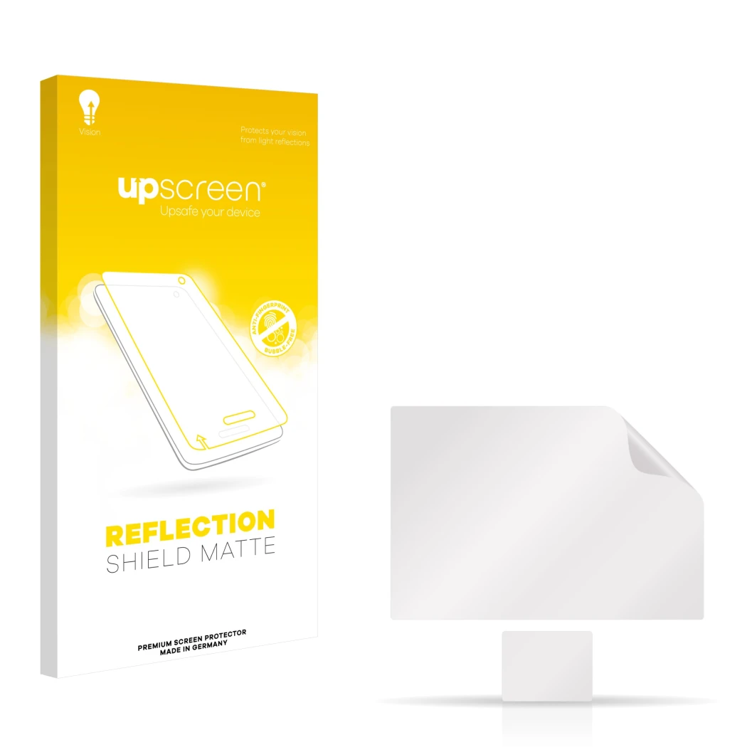 Parte frontal de un envase de producto con el logotipo de la marca upscreen. Al lado está el protector de pantalla correspondi
