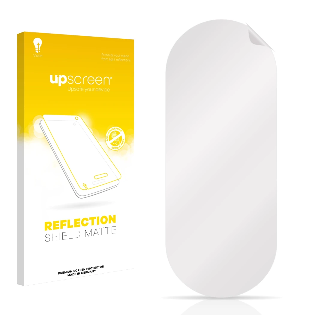 Parte frontal de un envase de producto con el logotipo de la marca upscreen. Al lado está el protector de pantalla correspondi