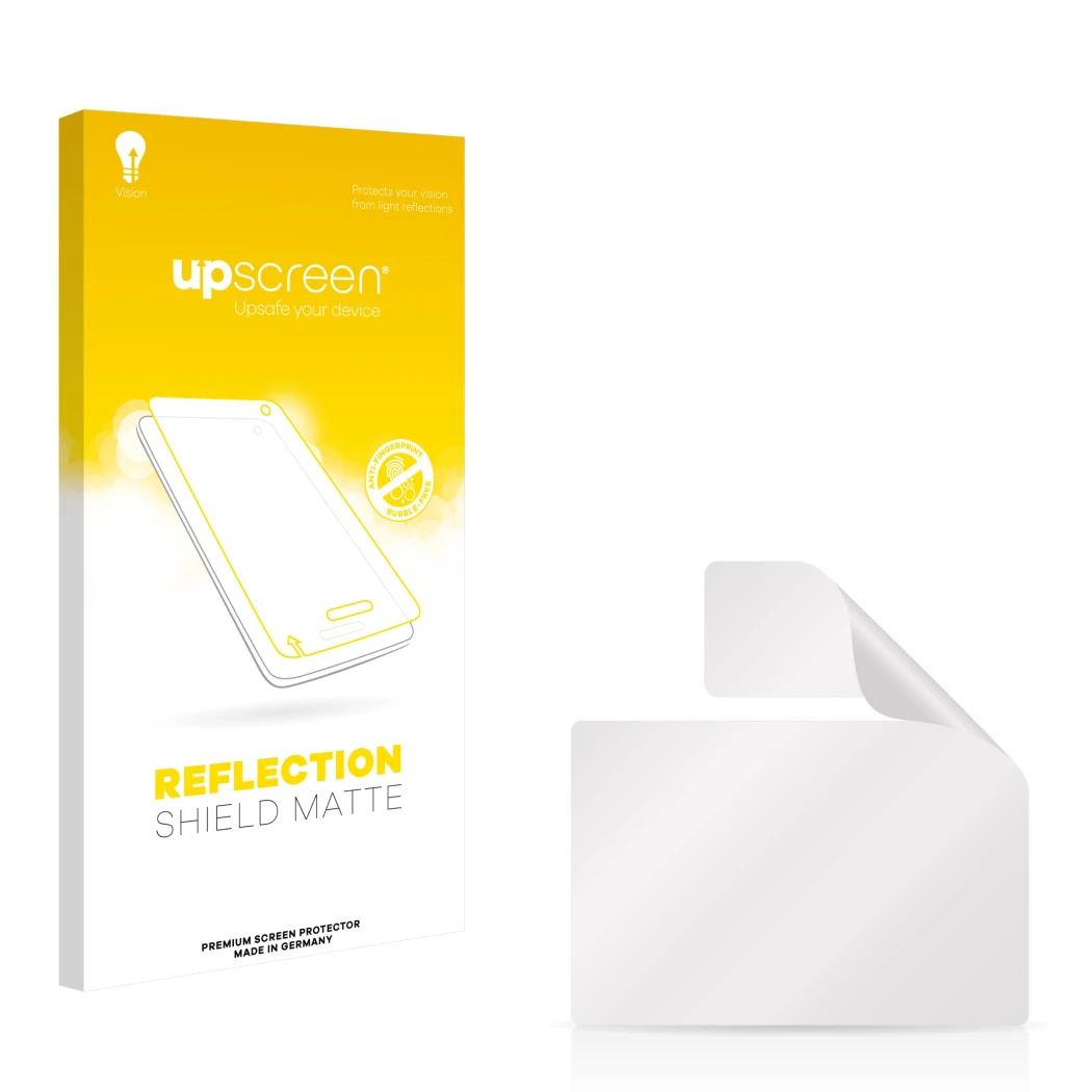 Parte frontal de un envase de producto con el logotipo de la marca upscreen. Al lado está el protector de pantalla correspondi