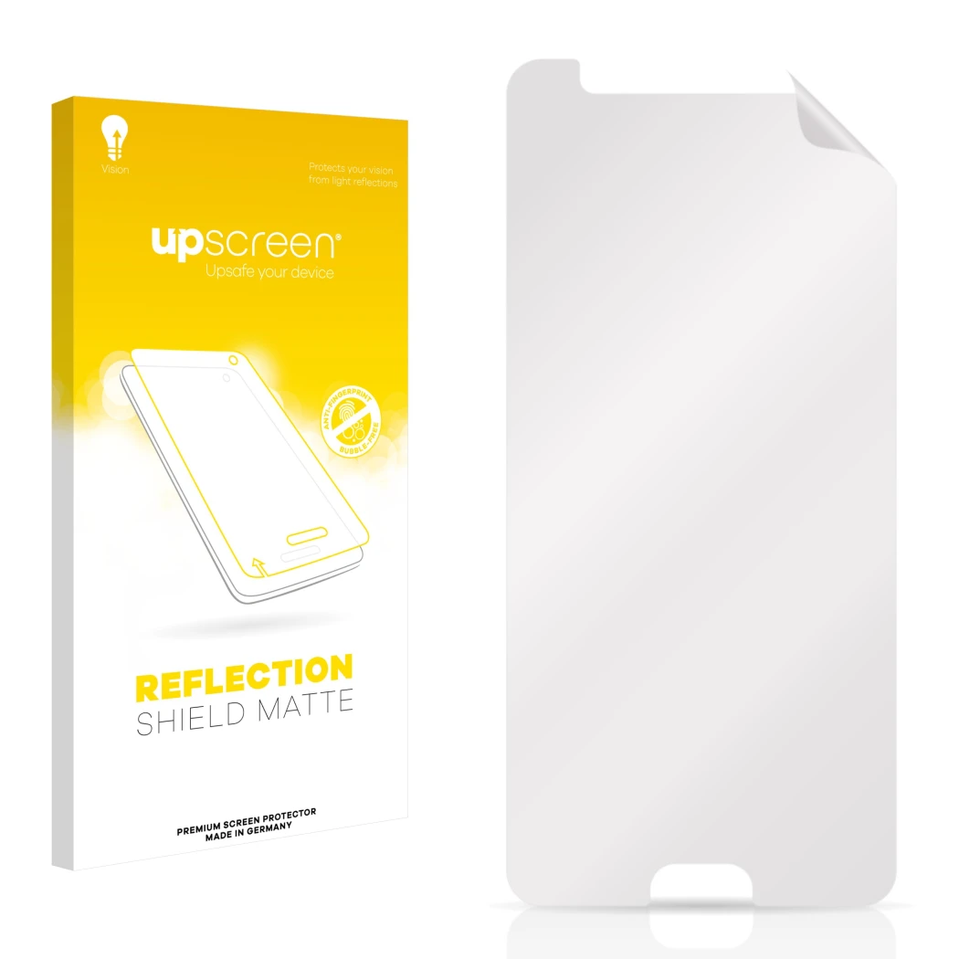 Parte frontal de un envase de producto con el logotipo de la marca upscreen. Al lado está el protector de pantalla correspondi