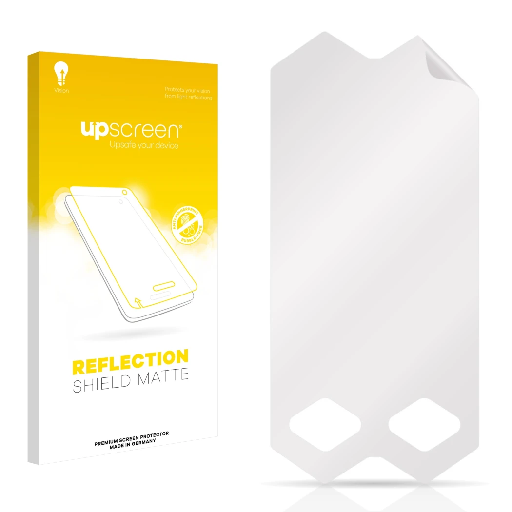 Parte frontal de un envase de producto con el logotipo de la marca upscreen. Al lado está el protector de pantalla correspondi
